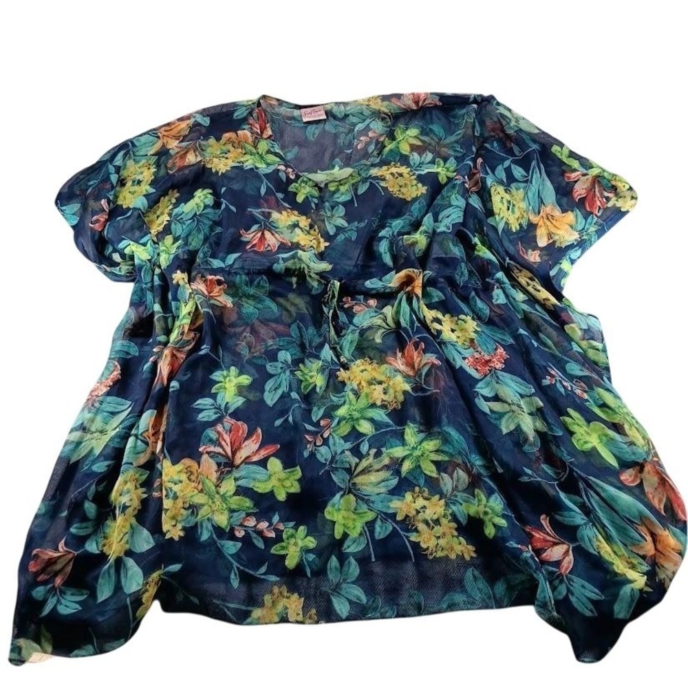 Sunflower Blouse Womens Free Size Blue Floral Sheer Kimono Chiffon Tunic Boho